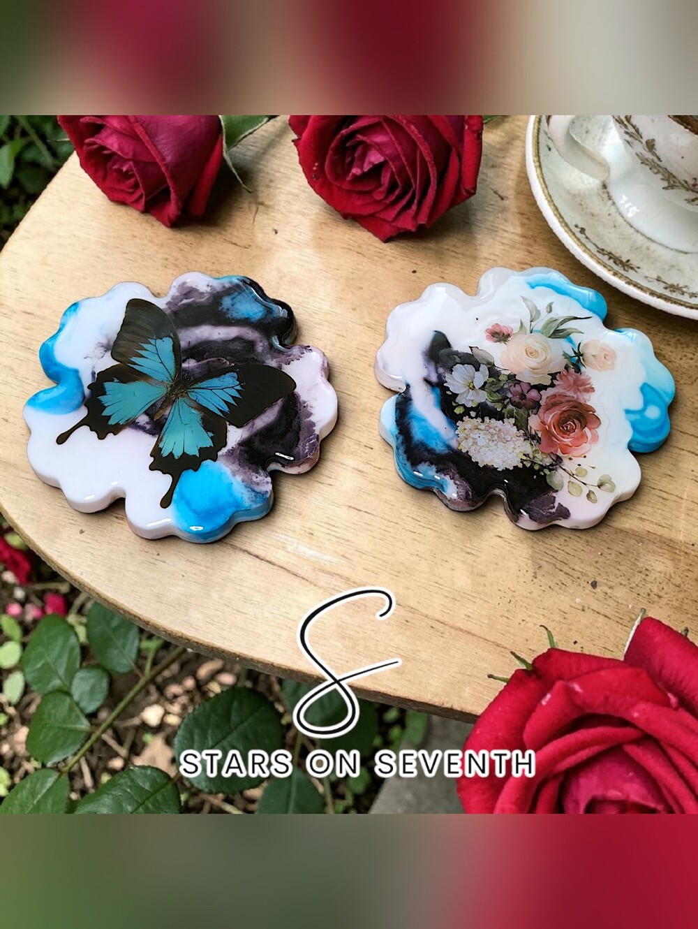 (2) 3-inch Ceramic Resin Coasters | Teal Butterfly & Floral